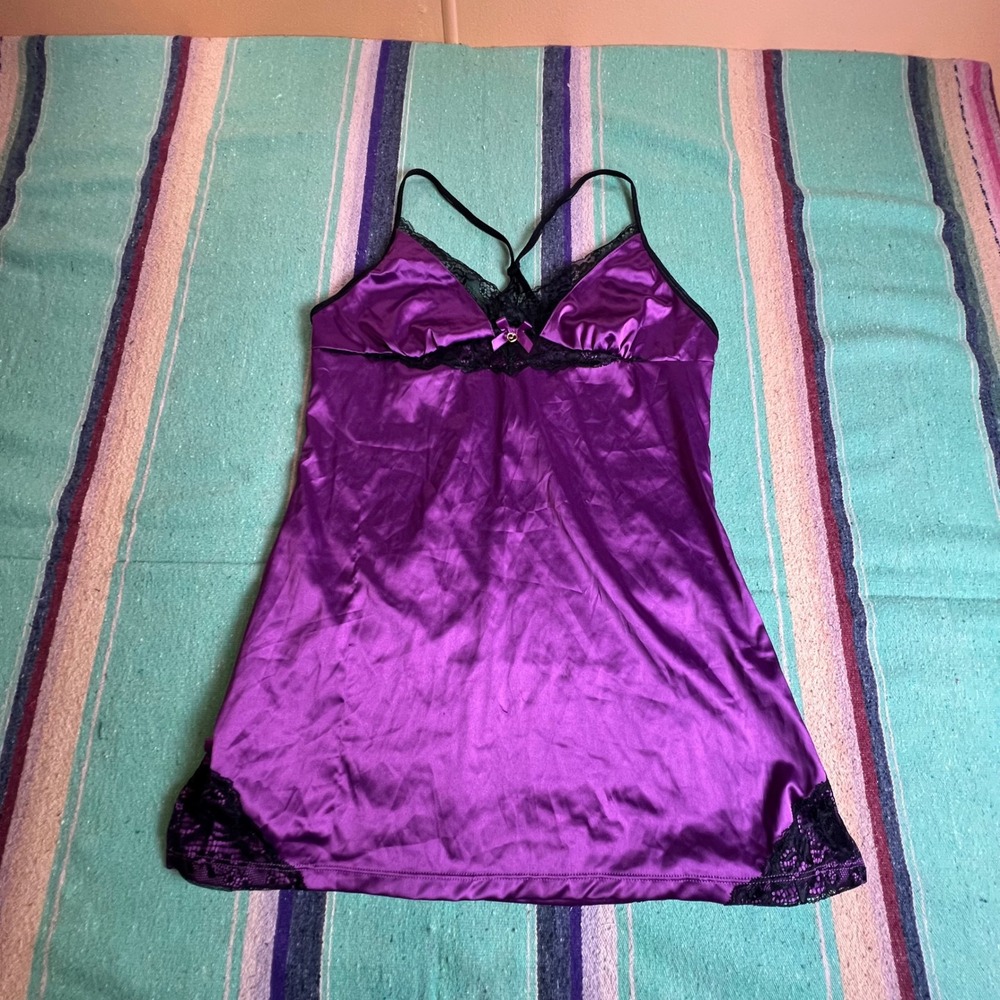 Lovehoney Chemise Lingerie Womens Large Purple Satin Black Lace Heart Charm